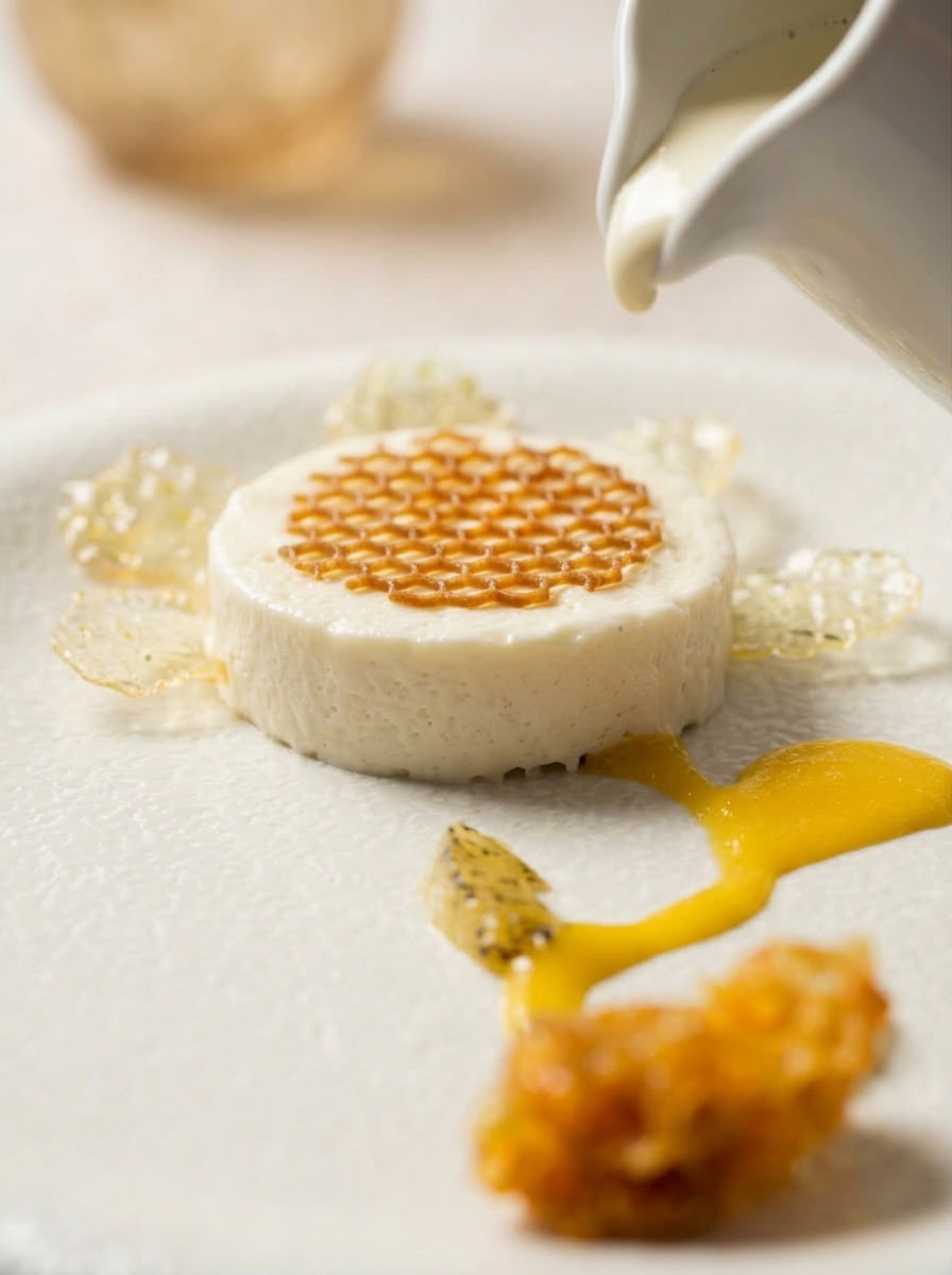Assiette de la résidence, dressée avec une sauce versée à table