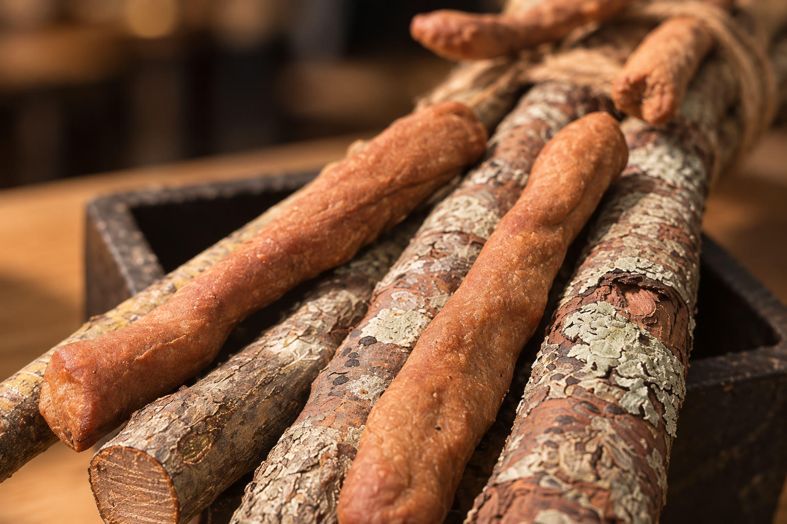 Fragments de bois et bouchées allongées dans une lumière chaude